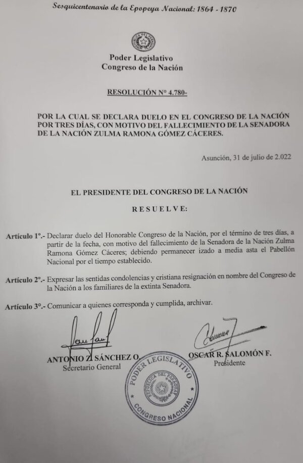 Declaran tres días de duelo por el fallecimiento de Zulma Gómez - El Independiente