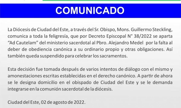 Obispo de CDE aparta de su ministerio sacerdotal al P. Alejandro Medel