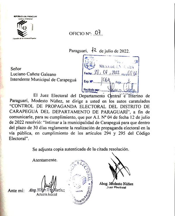 Juez intima a municipios que no reglamentan la propaganda electoral en Paraguarí - Política - ABC Color