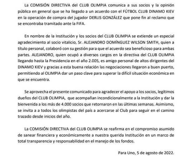 Olimpia acuerda con Dinamo pago por Derlis González