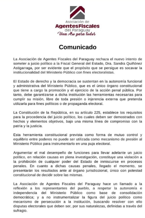 Asociación de fiscales rechaza nuevo intento de juicio político a Sandra Quiñónez  - Nacionales - ABC Color