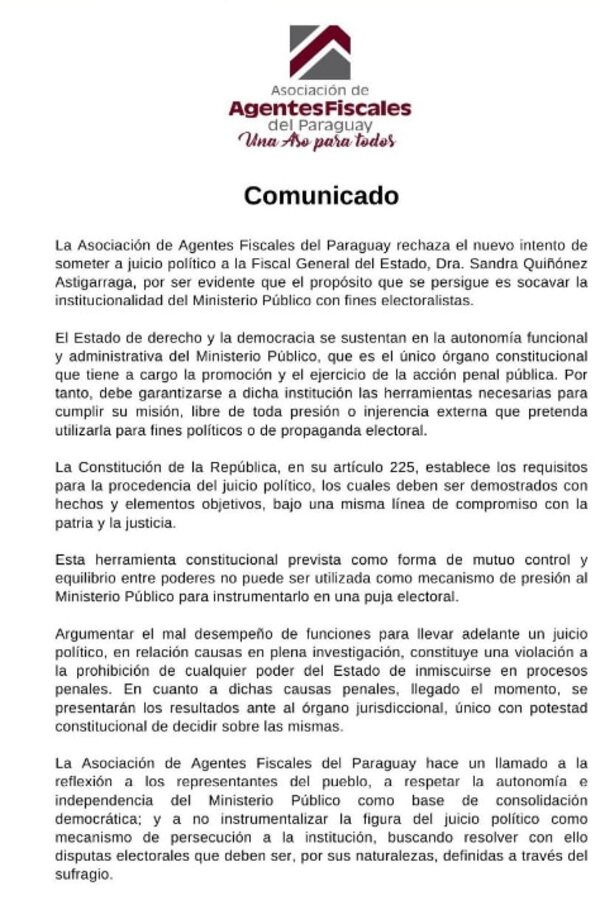 Asociación de fiscales rechaza nuevo intento de juicio político a Sandra Quiñónez - Nacionales - ABC Color