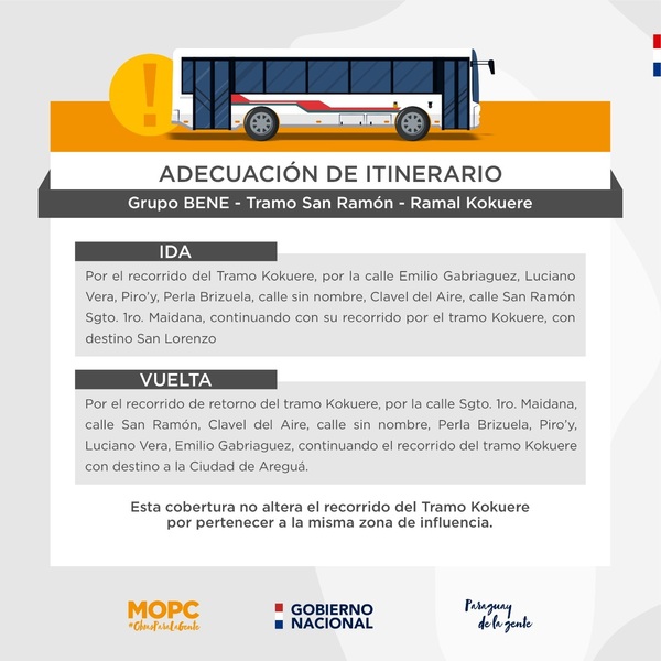 Adecuan itinerario de tramo Areguá-San Lorenzo a empresa Bene S.A. | 1000 Noticias