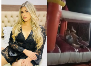 (VIDEO)¿”Rubia de la cerveza” se empedó y armó sarambi en globo loco en festejo del día del niño?