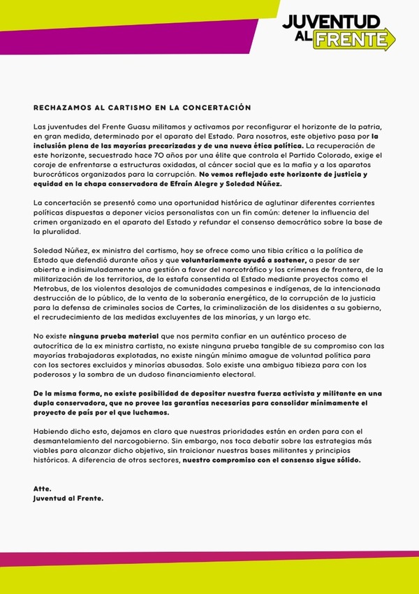 Juventud al Frente dice que dupla Efraín-Sole “no representa sus bases” | 1000 Noticias
