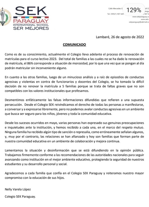 Colegio SEK dice que que familias no matriculadas atentaron contra “ambiente que busca ser seguro para niños” | 1000 Noticias