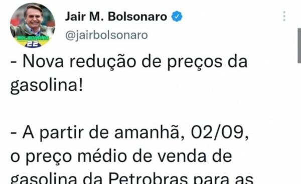 Bajará aún más precio del combustible en Brasil, anunció Bolsonaro