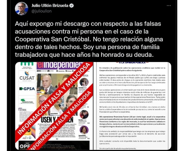 Julio Ullón realiza descargo y niega vínculo con cooperativa San Cristóbal