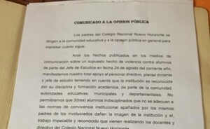 Padres divulgan nota de apoyo a "docente guacheador"