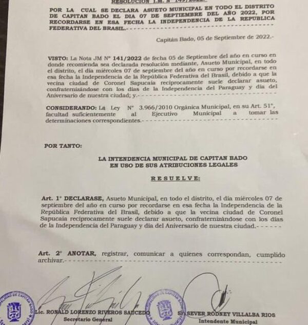 Capitán Bado declara asueto por independencia de Brasil