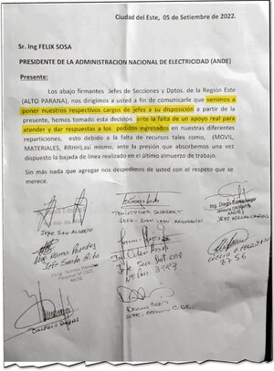 Por “falta de apoyo”, ocho jefes de la ANDE pusieron a disposición sus cargos - Nacionales - ABC Color