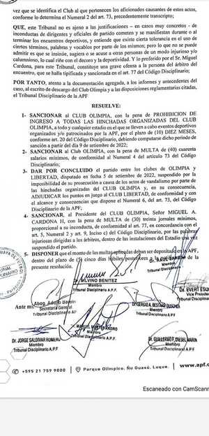 Hinchada organizada de Olimpia sancionada por casi un año | 1000 Noticias