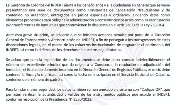 INDERT alerta sobre presentación de constancias de cancelación falsas y advierte con denuncias