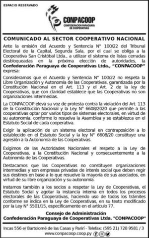 Comunicado al sector cooperativo nacional de Conpacoop Ltda. - Espacio Reservado - ABC Color
