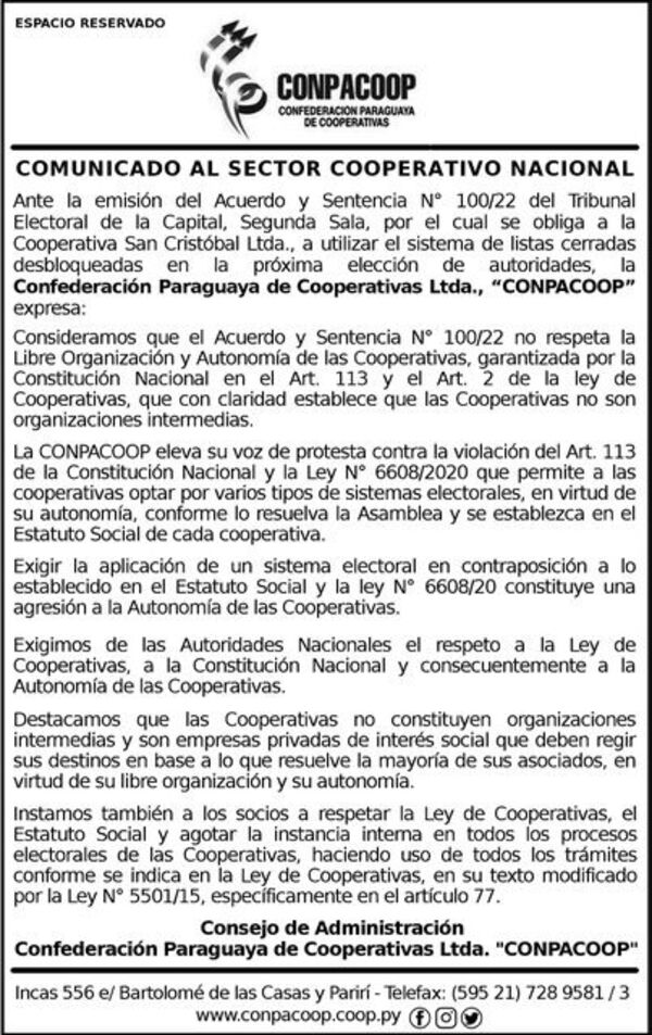 Comunicado al sector cooperativo nacional de Conpacoop Ltda. - Espacio Reservado - ABC Color