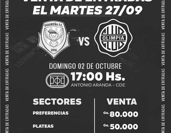 Guaireña- Olimpia, entradas en venta desde el martes