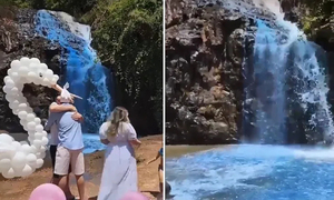 ¡Inconscientes! Tiñeron de azul un río para anunciar que tendrán un varón y causaron indignación - OviedoPress