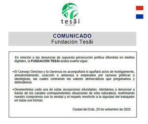 Fundación Tesãi desmiente persecución política a sus empleados | DIARIO PRIMERA PLANA