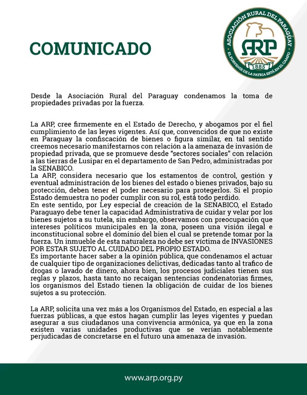 La ARP condena posible invasión de propiedades administradas por el Estado - ADN Digital