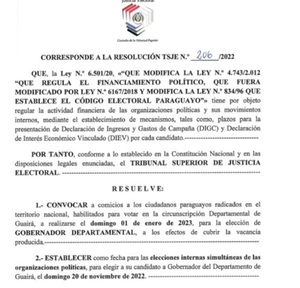 TSJE llama a elección para nuevo gobernador del Guairá - ADN Digital