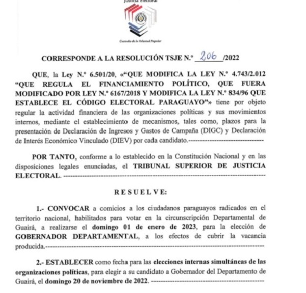 TSJE llama a elección para nuevo gobernador del Guairá - ADN Digital