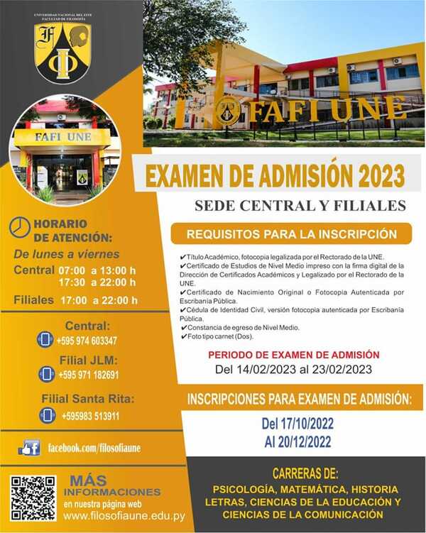 Inician inscripciones para Examen de Admisión en FAFI-UNE - Noticde.com
