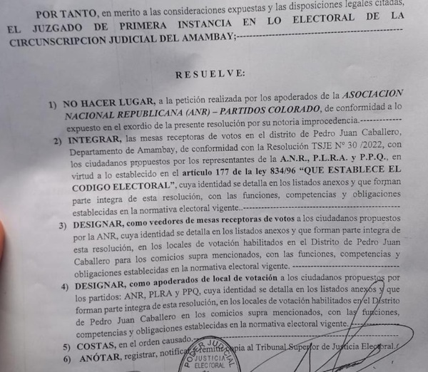 Juzgado Electoral rechaza pedido de la ANR y el PPQ podrá integrar las mesas en las elecciones del 30 de octubre - Radio Imperio