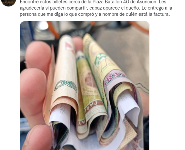 Encuentra plata en la plaza y quiere devolverla. “Que me diga lo que compró y a nombre de quién está la factura”