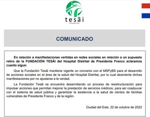 Fundación Tesãi desmiente su retiro del Hospital de Presidente Franco | DIARIO PRIMERA PLANA
