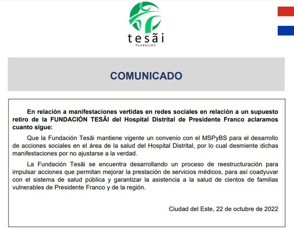 Fundación Tesãi desmiente su retiro del Hospital de Presidente Franco | DIARIO PRIMERA PLANA