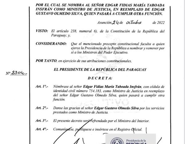 Presidente nombra a Edgar Taboada Insfrán como nuevo ministro de Justicia