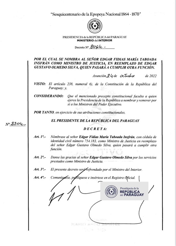 Ejecutivo nombra a Edgar Taboada Insfrán como nuevo ministro de Justicia - .::Agencia IP::.