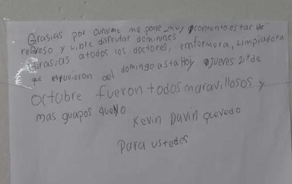 Niño dejó una carta de agradecimiento a doctores en Concepción – Prensa 5