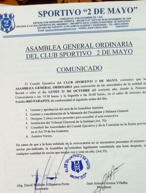 Sp. 2 de Mayo: Convocan para este lunes a Asamblea General Ordinaria del club albiceleste