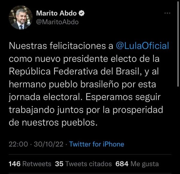 Abdo Benítez espera trabajar con Lula por la prosperidad de sus pueblos - Mundo - ABC Color