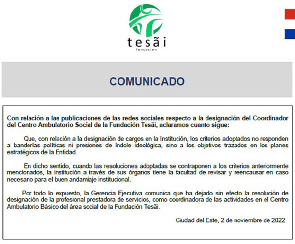 Fundación Tesãi aclara sobre cambio de coordinadora de Tesãi´i | DIARIO PRIMERA PLANA