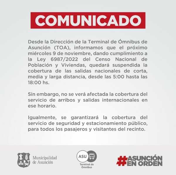 Viajes internos suspendidos en Terminal por Censo | 1000 Noticias