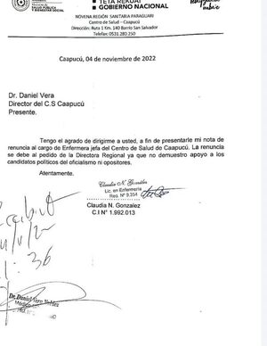 Jefa de Enfermería renuncia al cargo tras recibir presión para activar por el oficialismo en Caapucú - Nacionales - ABC Color