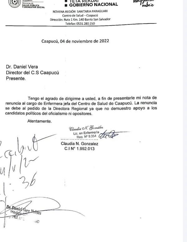 Jefa de Enfermería renuncia al cargo tras recibir presión para activar por el oficialismo en Caapucú - Nacionales - ABC Color