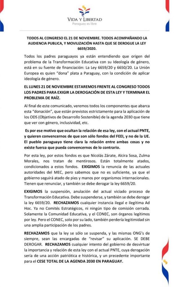 Convocan a una marcha el 21 de noviembre para pedir la derogación de la Ley 6659/2020 de Financiación Europea de la Transformación Educativa