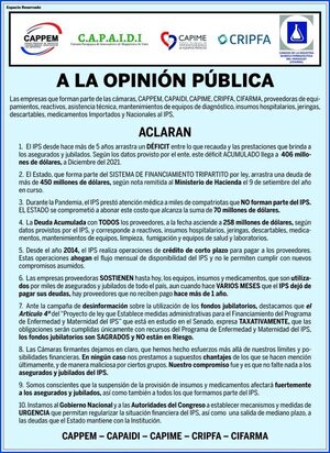 Comunicado a la opinión pública de las cámaras CAPPEM, CAPAIDI, CAPIME, CRIPFA y CIFARMA - Espacio Reservado - ABC Color