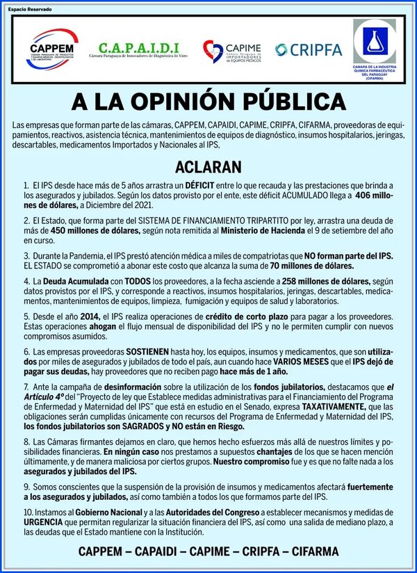 Comunicado a la opinión pública de las cámaras CAPPEM, CAPAIDI, CAPIME, CRIPFA y CIFARMA - Espacio Reservado - ABC Color