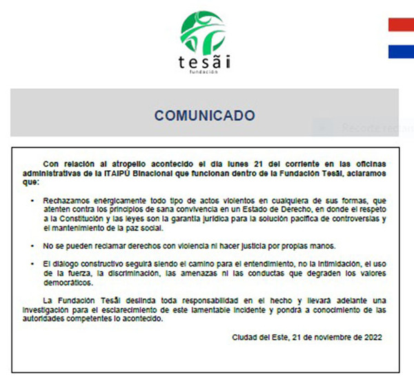 Fundación Tesãi condena atropello a sus instalaciones | DIARIO PRIMERA PLANA
