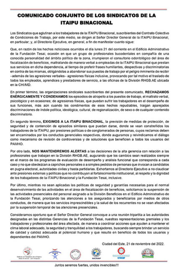 Sindicatos de Itaipú emiten comunicado sobre atropello de oficinas administrativas en Fundación Tesãi | DIARIO PRIMERA PLANA