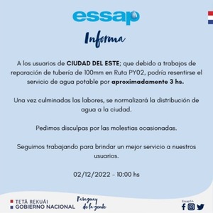 ESSAP informa corte en servicio por reparaciones en CDE