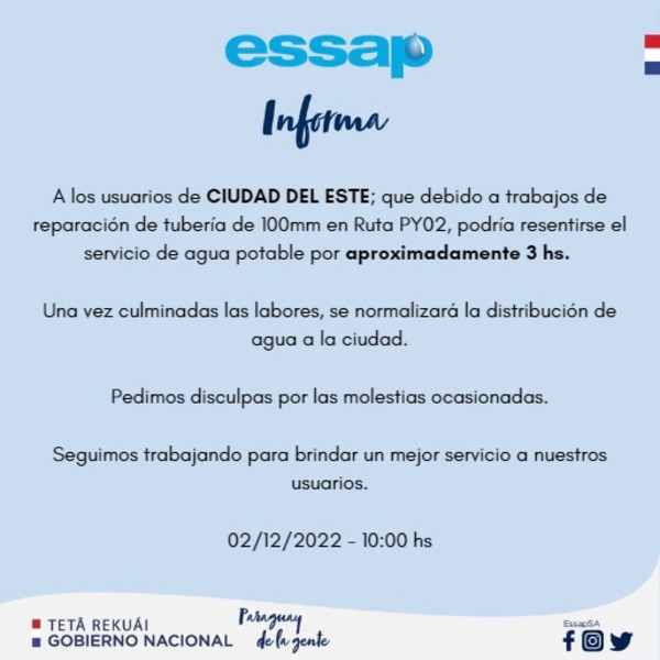 ESSAP informa corte en servicio por reparaciones en CDE