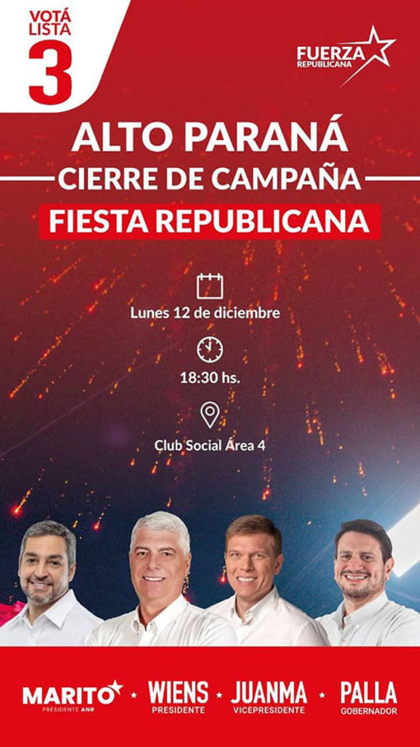 Fuerza Republicana realizará hoy cierre de campaña en Alto Paraná | DIARIO PRIMERA PLANA