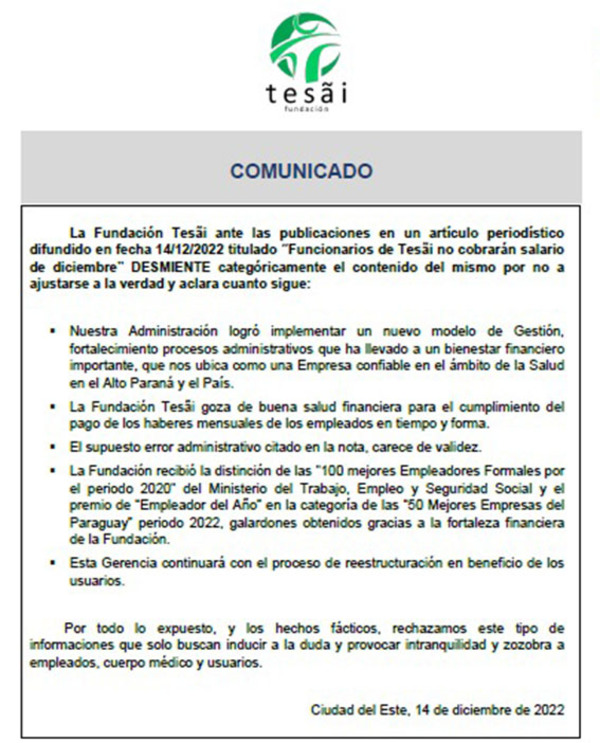 Fundación Tesãi desmiente atrasos en pagos de salarios de funcionarios | DIARIO PRIMERA PLANA