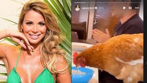 Egny Eckert presentó a su gallina y dijo que forma parte de su familia