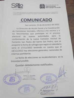 Se suspende asamblea de comisión vecinal del barrio San Pedro » San Lorenzo PY